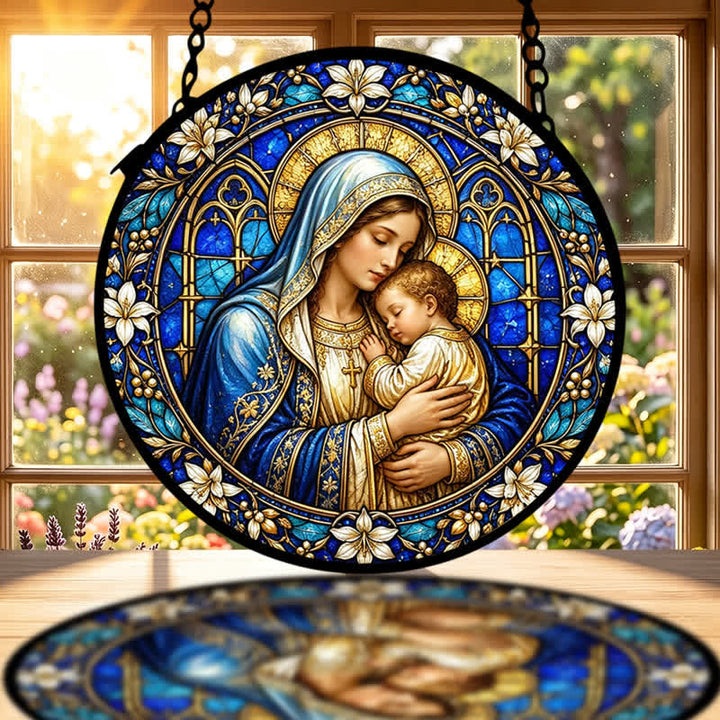 Christianartworkshop Acchiappasole circolare in vetro con presepe decorato: emblema di serena tenerezza divina. - image 1