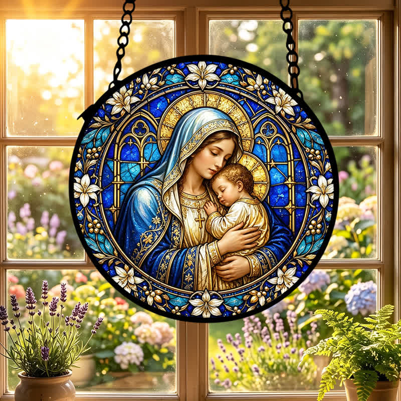 Christianartworkshop Acchiappasole circolare in vetro con presepe decorato: emblema di serena tenerezza divina. - image 0