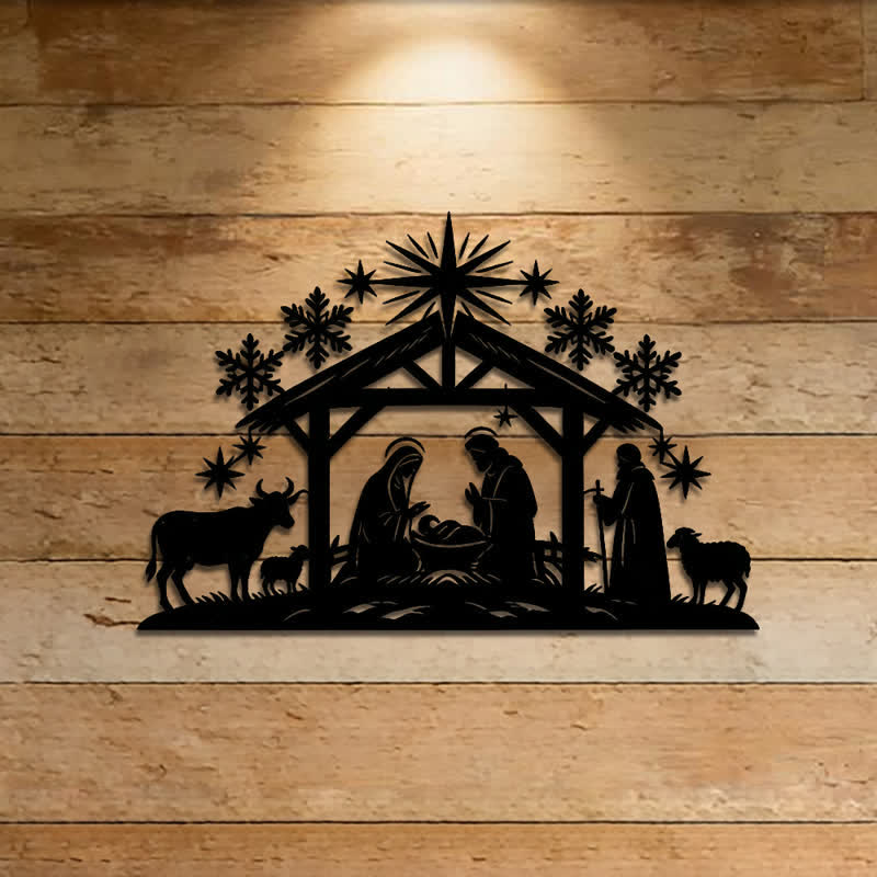 Christianartworkshop Insegna da parete in metallo con presepe tagliato con precisione: simbolo di tenue luce celeste. - image 0