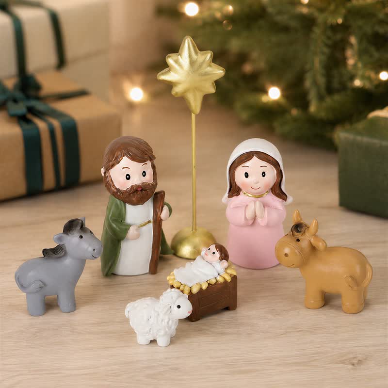 Christianartworkshop Set di personaggi della Natività realizzati a mano con precisione: simbolo di tenue luce celeste. - Navity Set da 7 pezzi - image 0