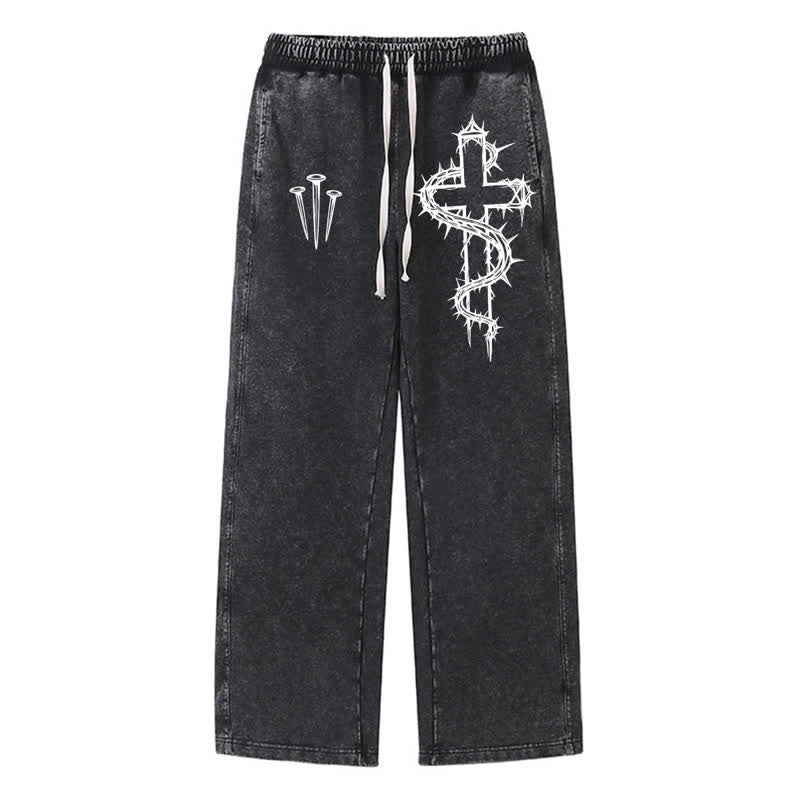 Christianartworkshop Pantaloni della tuta vintage con croce spinata e effetto sbiadito. - Nero - 2XL - image 0