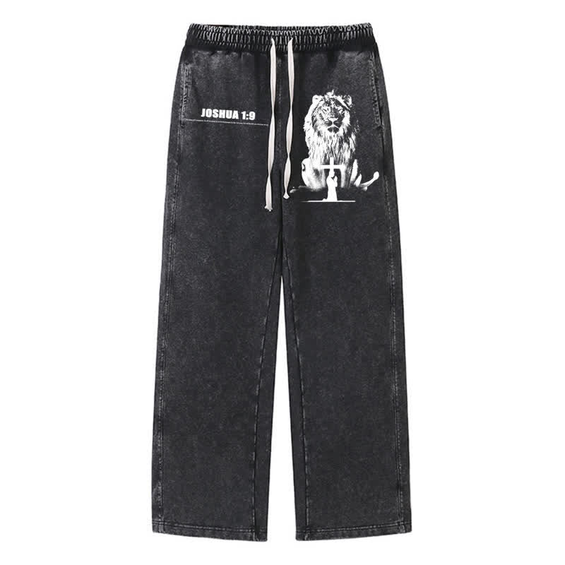 Christianartworkshop Pantaloni della tuta lavati, vestibilità comoda, con scritta "Joshua 1:9 Lion Courage". - Nero - 2XL - image 8