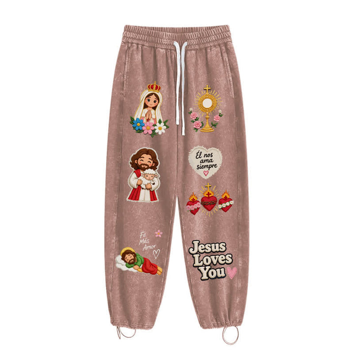 Christianartworkshop Pantaloni della tuta rosa con stampa "Jesus Loves You" e scritta "Faith Art". - image 2