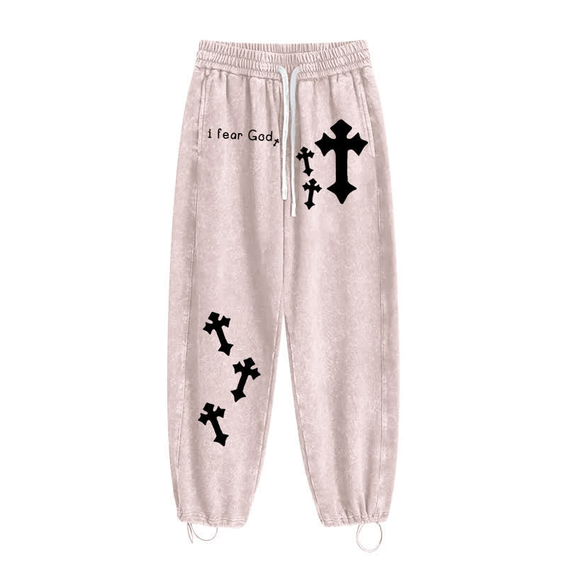 Christianartworkshop Pantaloni della tuta rosa slavati con stampa croce "I Fear God" - image 2