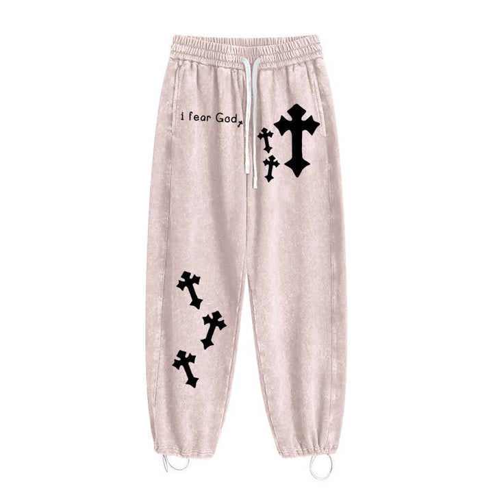 Christianartworkshop Pantaloni della tuta rosa slavati con stampa croce "I Fear God" - image 2