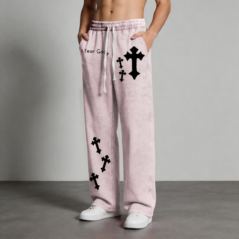 Christianartworkshop Pantaloni della tuta rosa slavati con stampa croce "I Fear God" - image 4