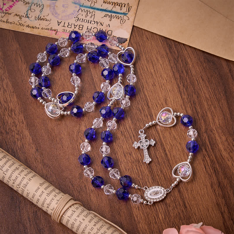 Christianartworkshop Rosario in vetro a forma di cuore cavo con perline sfaccettate blu intenso: simbolo di protezione divina permanente. - image 2