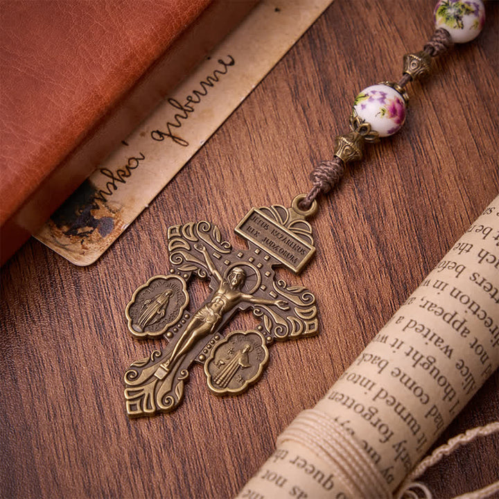 Christianartworkshop Rosario da preghiera in bronzo anticato con fiori rosa, medaglia della Madonna e crocifisso. - image 8