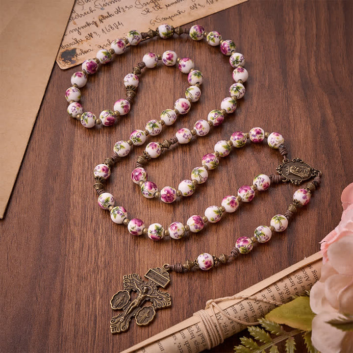 Christianartworkshop Rosario da preghiera in bronzo anticato con fiori rosa, medaglia della Madonna e crocifisso. - image 3