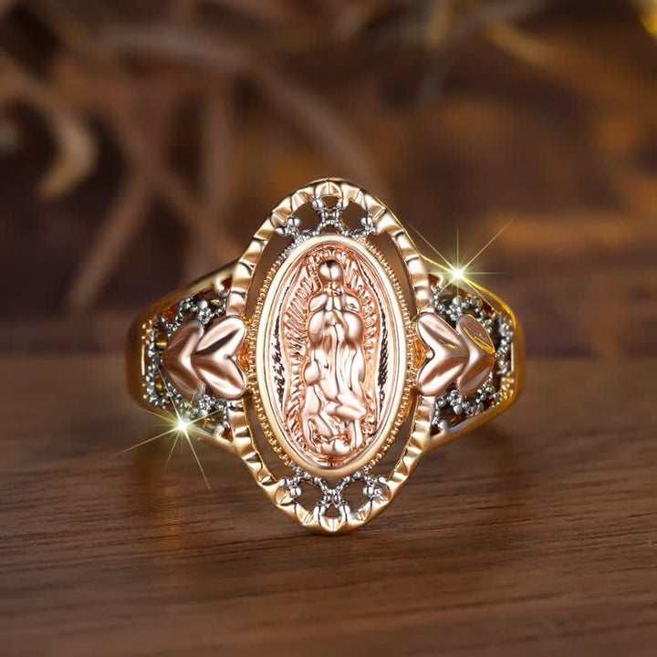 Christianartworkshop Anello devozionale smaltato della Madonna di Guadalupe con decorazioni floreali: simbolo di grazia mariana e protezione divina - US 10 - Argento - image 5