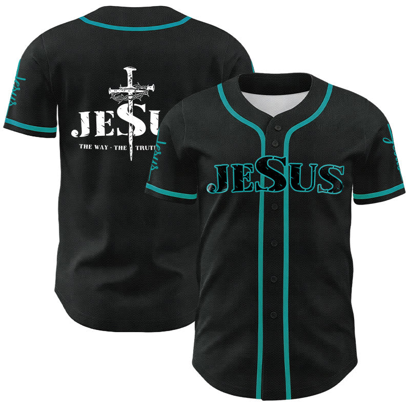 Christianartworkshop Maglia da baseball con croce di Gesù, chiodo e corona di spine - Gesù Nero - Lago Blu - 5XL - image 17
