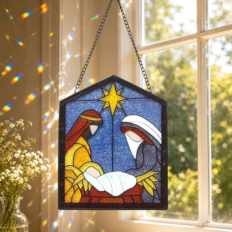 Christianartworkshop Natività illuminata da una vetrata a tema stellare: simbolo di un pacifico arrivo divino. - 3,11''*2,52''/7,9*6,4 cm - image 0