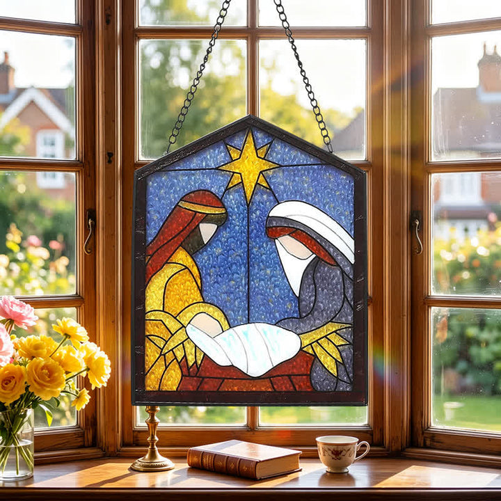 Christianartworkshop Natività illuminata da una vetrata a tema stellare: simbolo di un pacifico arrivo divino. - image 2