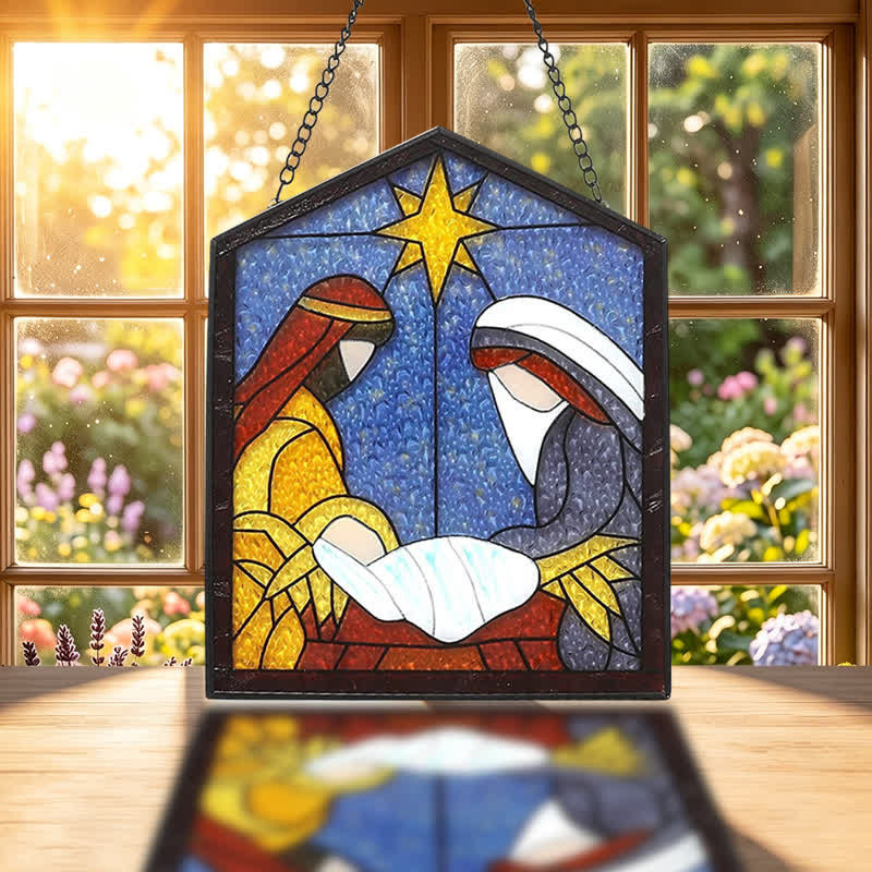 Christianartworkshop Natività illuminata da una vetrata a tema stellare: simbolo di un pacifico arrivo divino. - image 1