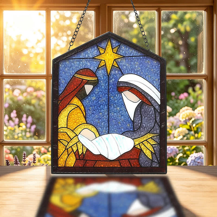 Christianartworkshop Natività illuminata da una vetrata a tema stellare: simbolo di un pacifico arrivo divino. - image 1