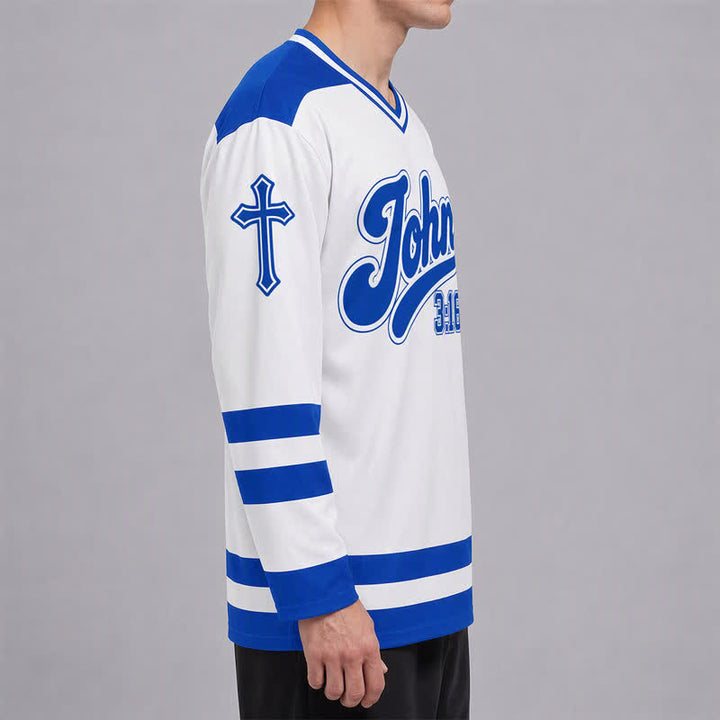 Christianartworkshop Maglia da hockey a maniche lunghe blu reale "Salvezza" di Giovanni 3:16 - image 6