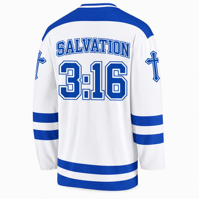 Christianartworkshop Maglia da hockey a maniche lunghe blu reale "Salvezza" di Giovanni 3:16 - image 2