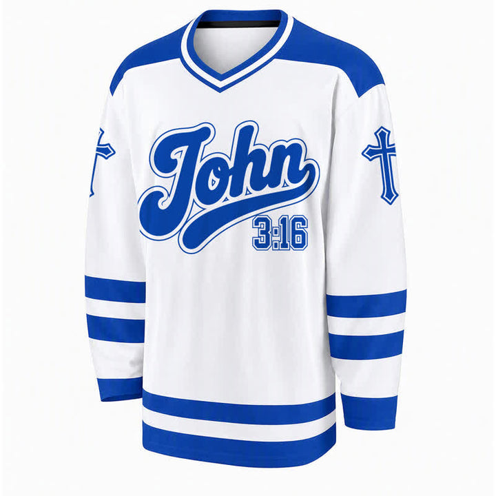 Christianartworkshop Maglia da hockey a maniche lunghe blu reale "Salvezza" di Giovanni 3:16 - image 1