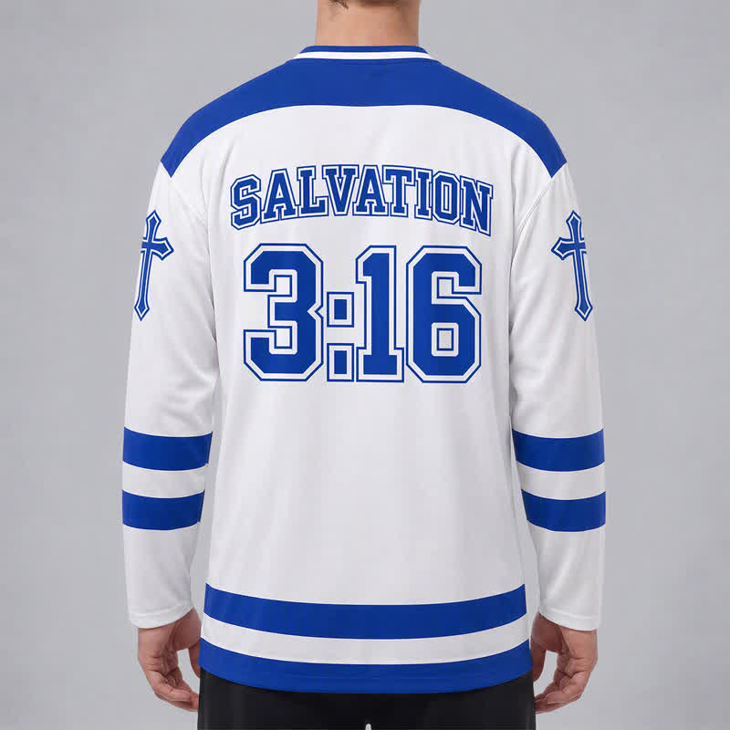 Christianartworkshop Maglia da hockey a maniche lunghe blu reale "Salvezza" di Giovanni 3:16 - image 4
