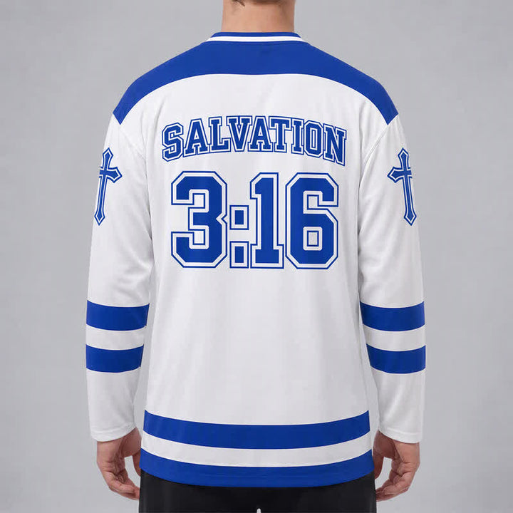 Christianartworkshop Maglia da hockey a maniche lunghe blu reale "Salvezza" di Giovanni 3:16 - image 4