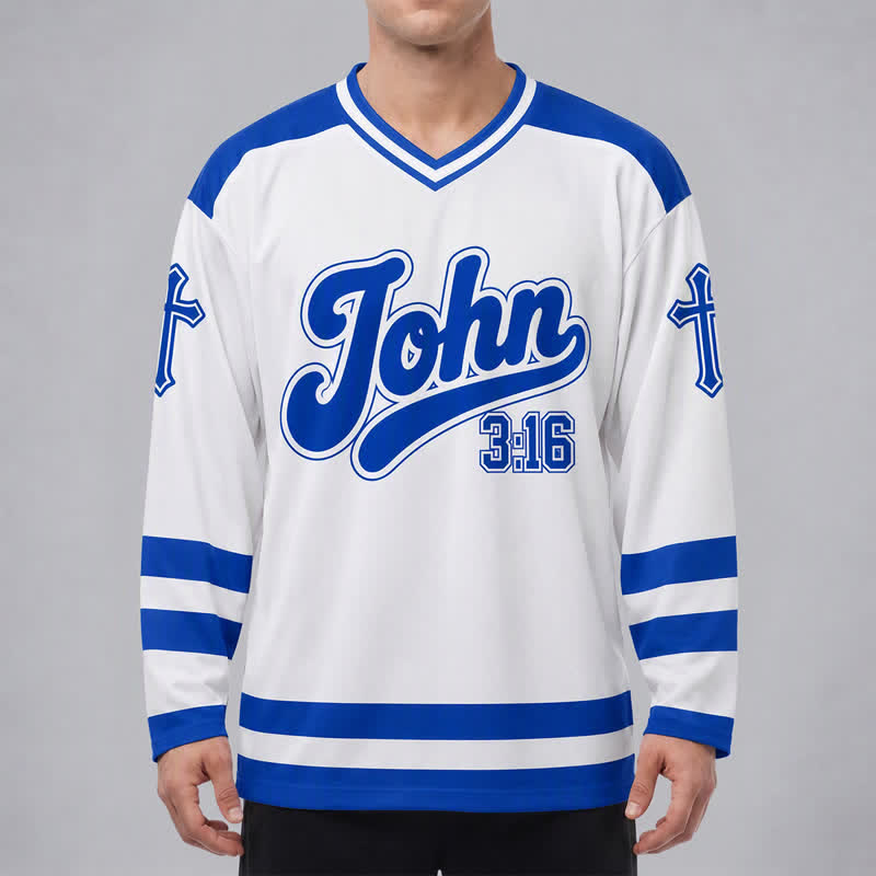 Christianartworkshop Maglia da hockey a maniche lunghe blu reale "Salvezza" di Giovanni 3:16 - image 3