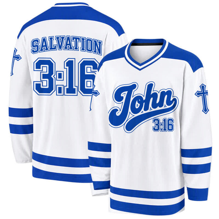 Christianartworkshop Maglia da hockey a maniche lunghe blu reale "Salvezza" di Giovanni 3:16 - 5XL - image 0