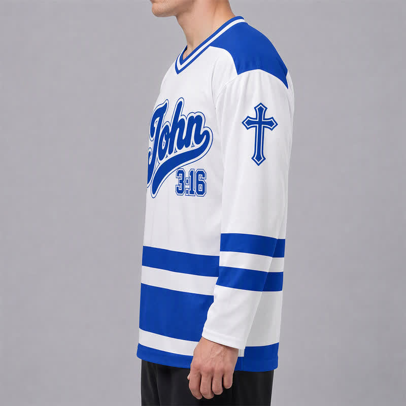 Christianartworkshop Maglia da hockey a maniche lunghe blu reale "Salvezza" di Giovanni 3:16 - image 5