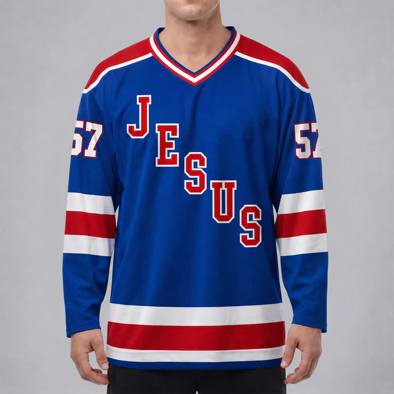 Christianartworkshop Maglia da hockey a maniche lunghe Jesus Faith 57 a righe blu - image 3