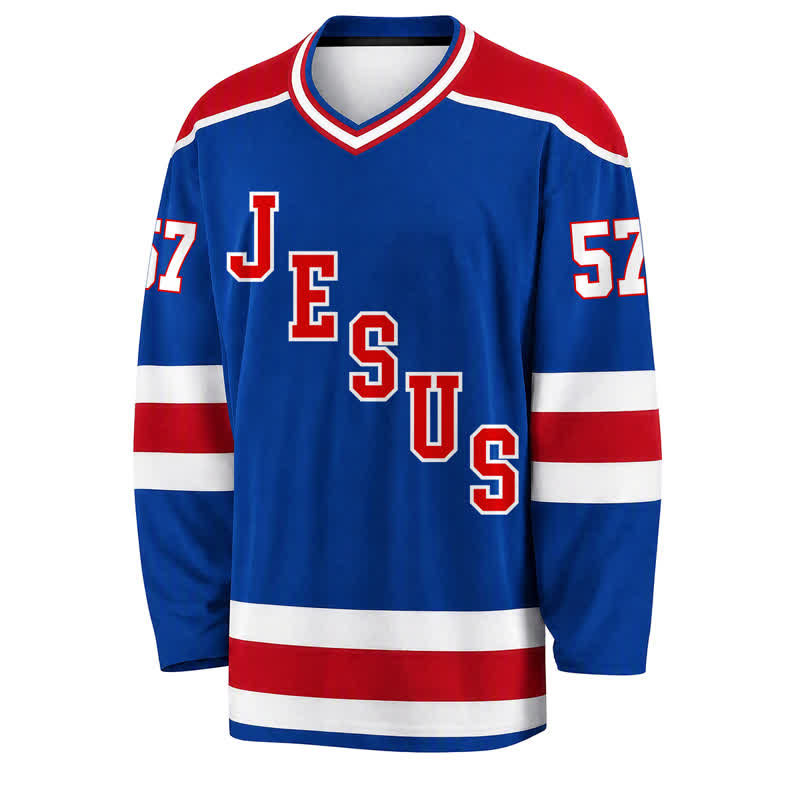 Christianartworkshop Maglia da hockey a maniche lunghe Jesus Faith 57 a righe blu - image 1