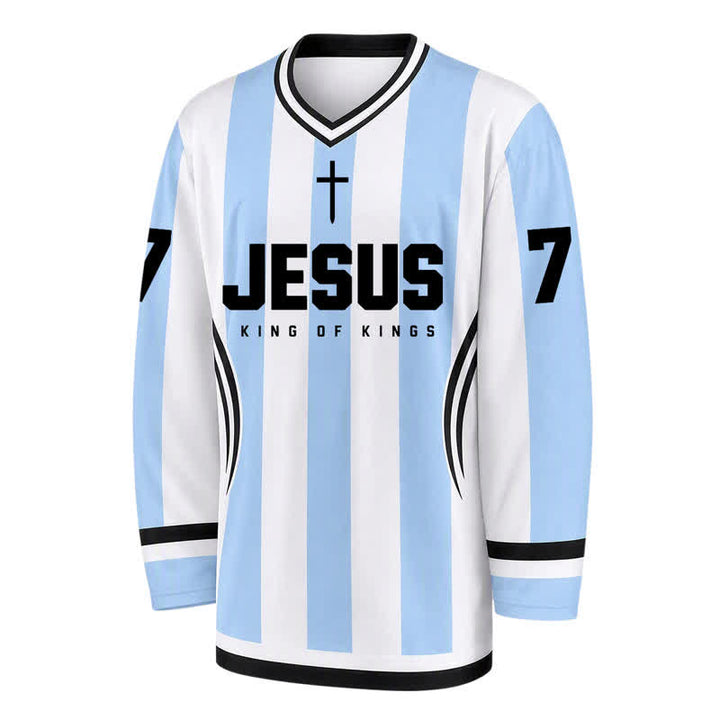 Christianartworkshop Maglia da hockey a maniche lunghe a righe di Gesù Re dei Re - image 1