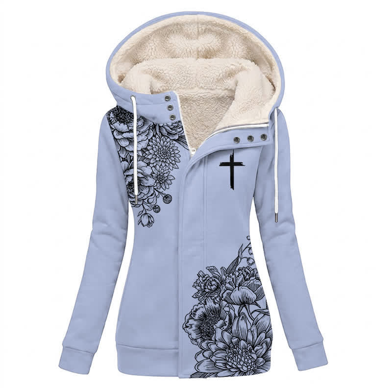 Christianartworkshop Giacca invernale da donna con cappuccio e motivo floreale a croce, fodera in morbido pile. - US16, UK/AU20, EU48 (4XL) - image 0
