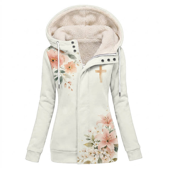 Christianartworkshop Giacca con cappuccio a croce floreale, cappotto invernale in pile - US16,UK/AU20,EU48 (4XL) - image 0