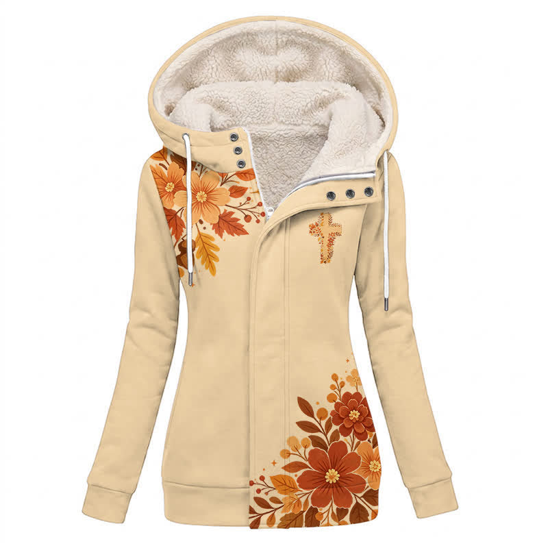 Christianartworkshop Cappotto invernale caldo in pile con cappuccio e stampa floreale autunnale color crema. - US16,UK/AU20,EU48 (4XL) - image 0