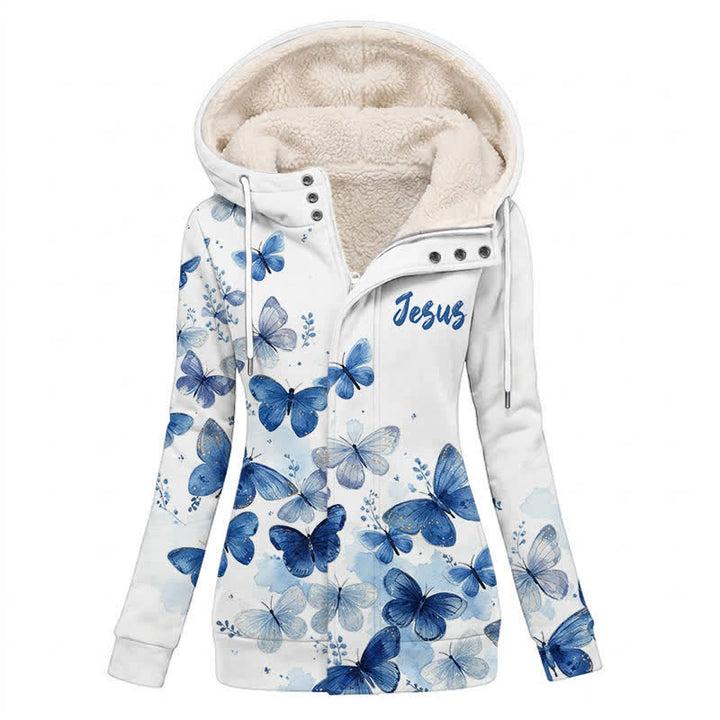 Christianartworkshop Giacca invernale con cappuccio in pile con farfalla blu e stampa Gesù - US16,UK/AU20,EU48 (4XL) - image 0