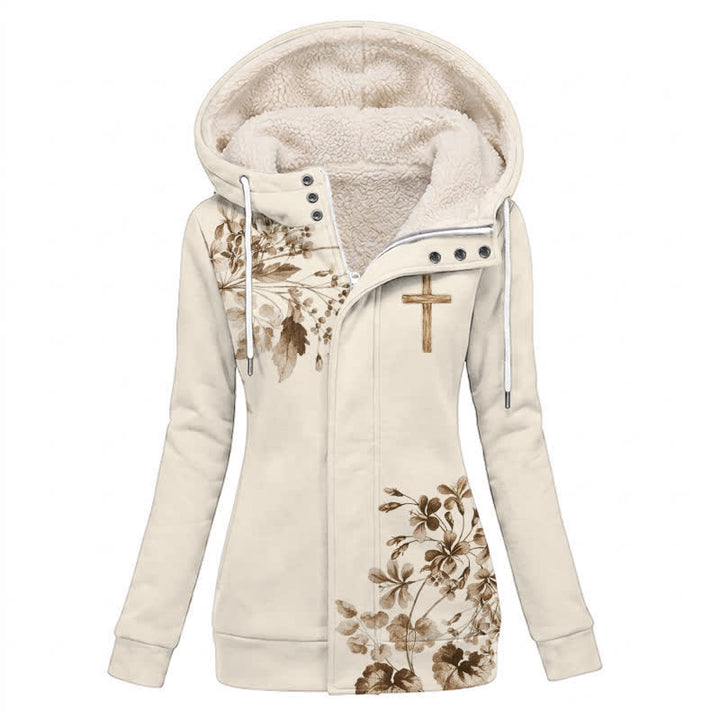 Christianartworkshop Giacca invernale con cappuccio in pile, fantasia floreale e legno, beige e marrone. - US16,UK/AU20,EU48 (4XL) - image 0