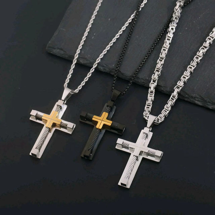 Collana con croce a doppio strato e anima in acciaio intrecciato a tre colori Christianartworkshop : Luce della fede divina in ogni occasione - image 4