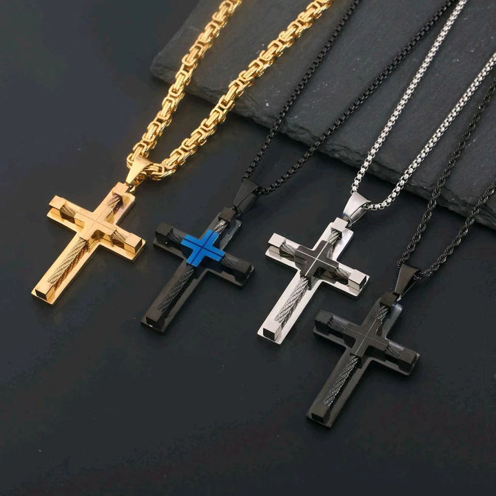Collana con croce a doppio strato e anima in acciaio intrecciato a tre colori Christianartworkshop : Luce della fede divina in ogni occasione - image 3