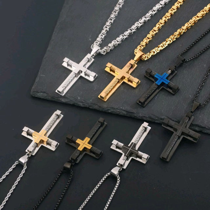 Collana con croce a doppio strato e anima in acciaio intrecciato a tre colori Christianartworkshop : Luce della fede divina in ogni occasione - image 2