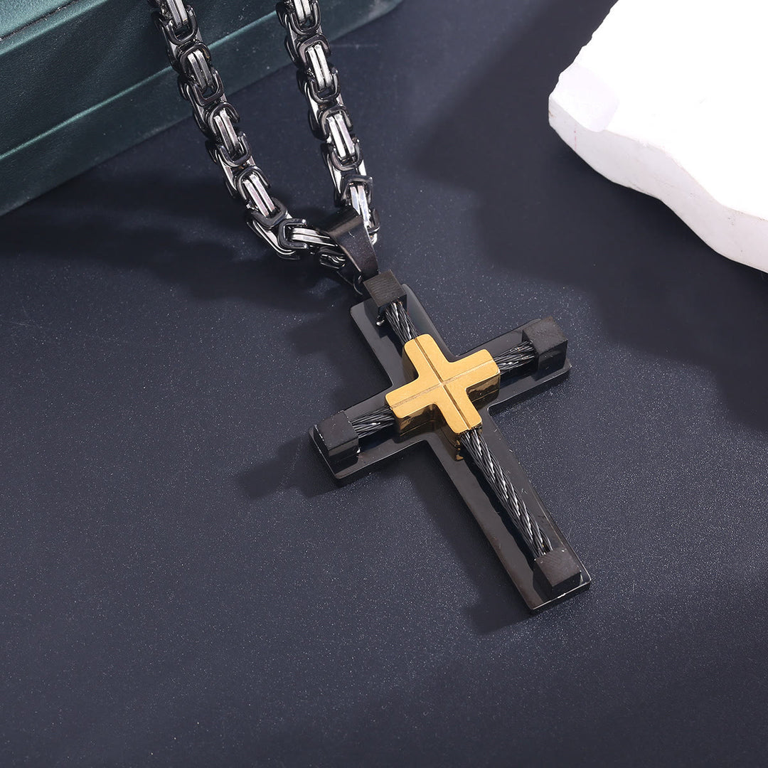 Collana con croce a doppio strato e anima in acciaio intrecciato a tre colori Christianartworkshop : Luce della fede divina in ogni occasione - Oro e nero - image 17