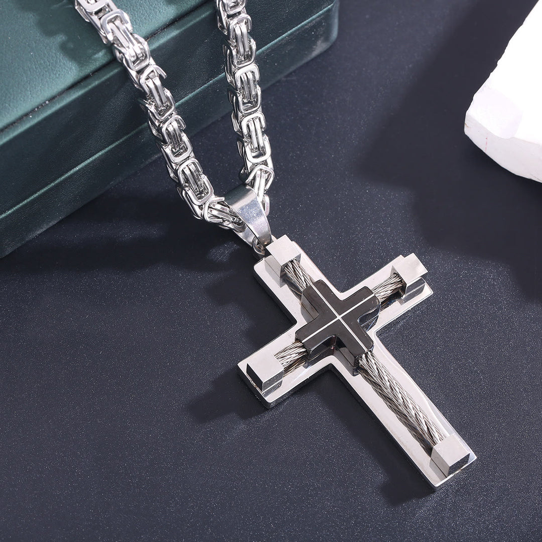 Collana con croce a doppio strato e anima in acciaio intrecciato a tre colori Christianartworkshop : Luce della fede divina in ogni occasione - Argento e nero - image 18