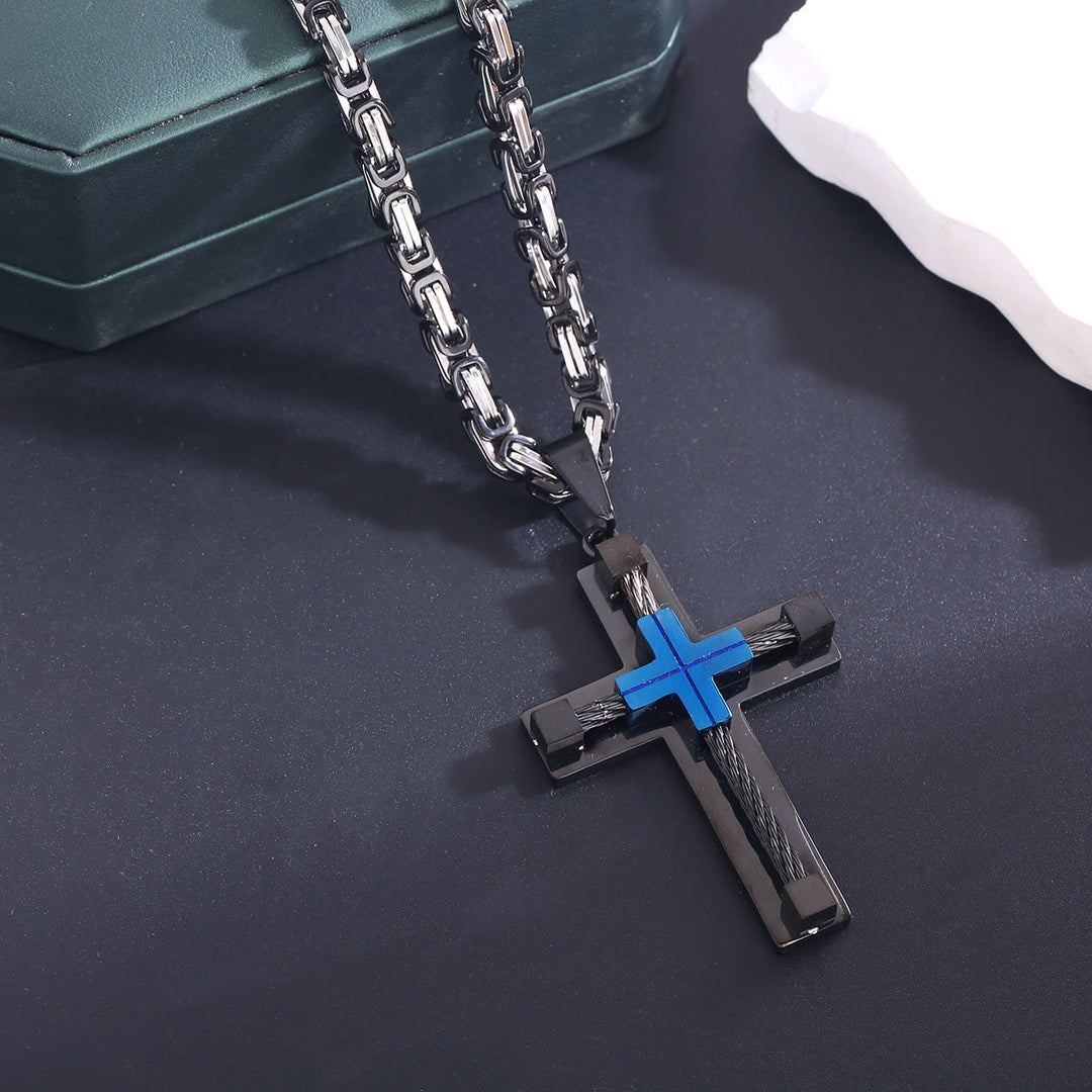 Collana con croce a doppio strato e anima in acciaio intrecciato a tre colori Christianartworkshop : Luce della fede divina in ogni occasione - Nero e Blu - image 19