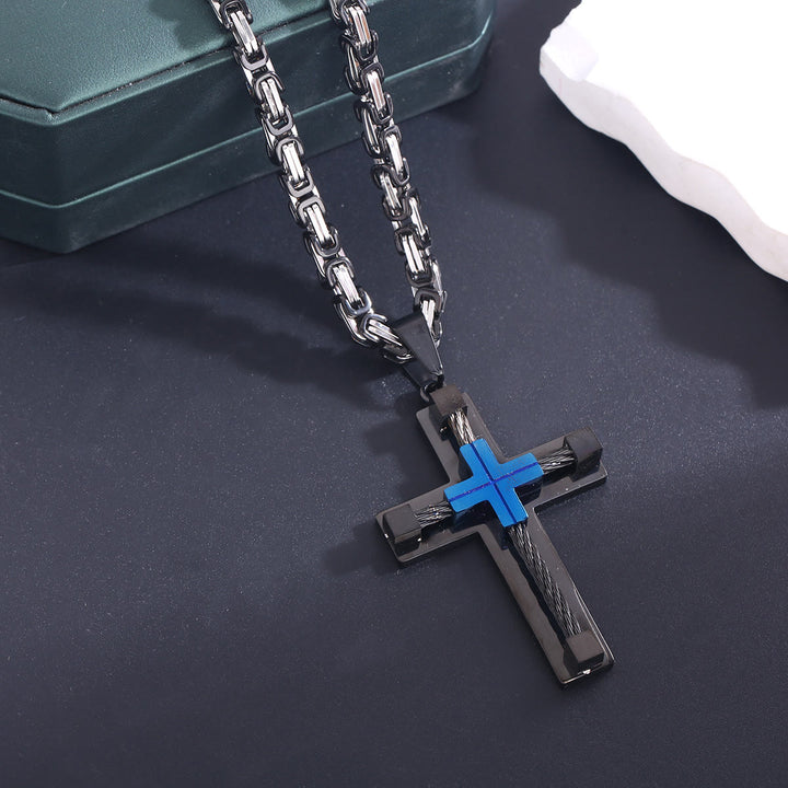Collana con croce a doppio strato e anima in acciaio intrecciato a tre colori Christianartworkshop : Luce della fede divina in ogni occasione - Nero e Blu - image 19