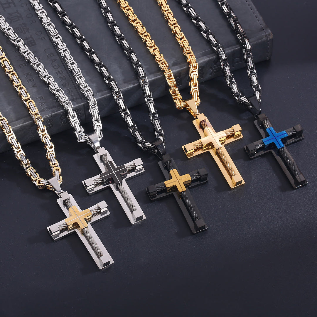 Collana con croce a doppio strato e anima in acciaio intrecciato a tre colori Christianartworkshop : Luce della fede divina in ogni occasione - image 1
