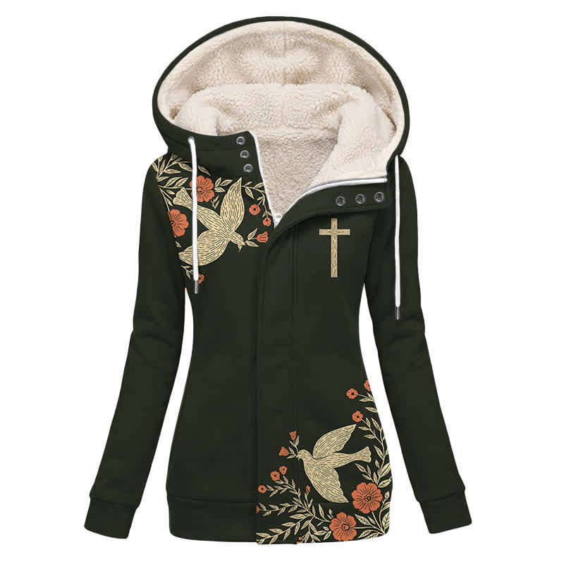 Christianartworkshop Giacca invernale in pile con cappuccio, motivo croce floreale nera e Spirito Santo. - US16,UK/AU20,EU48 (4XL) - image 0