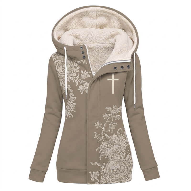 Christianartworkshop Giacca invernale con cappuccio in pile color tortora con motivo floreale vintage. - US16,UK/AU20,EU48 (4XL) - image 0