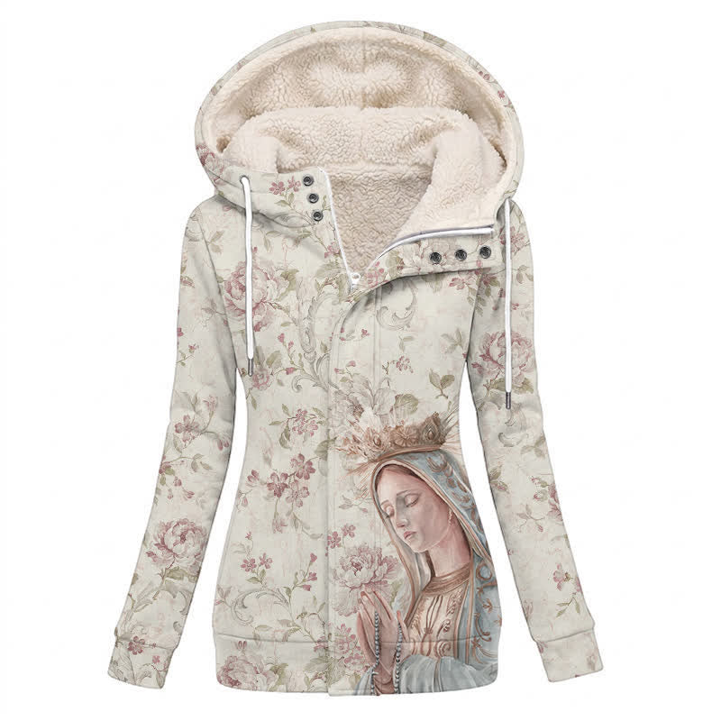 Christianartworkshop Giacca invernale vintage con cappuccio e fodera in pile, icona della Vergine Maria e rosa. - US16,UK/AU20,EU48 (4XL) - image 0