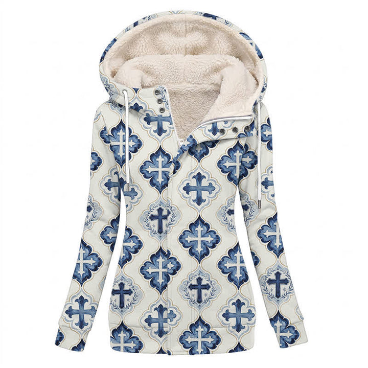 Christianartworkshop Giacca invernale in pile con cappuccio incrociato e motivo a piastrelle blu - US16,UK/AU20,EU48 (4XL) - image 0