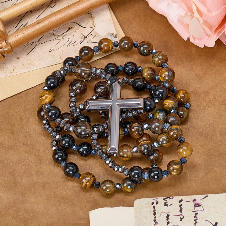 Collana rosario in occhio di tigre e ossidiana naturale Christianartworkshop - Rosario di protezione con croce in ematite - image 1