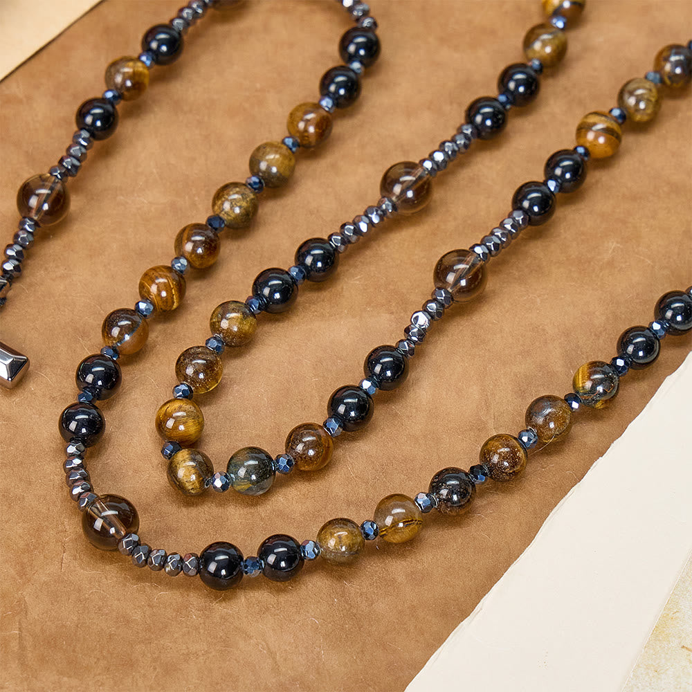 Collana rosario in occhio di tigre e ossidiana naturale Christianartworkshop - Rosario di protezione con croce in ematite - image 3