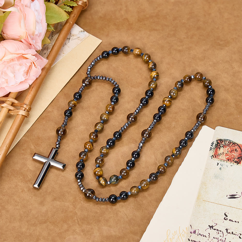 Collana rosario in occhio di tigre e ossidiana naturale Christianartworkshop - Rosario di protezione con croce in ematite - Collana rosario in ossidiana naturale e occhio di tigre - image 0